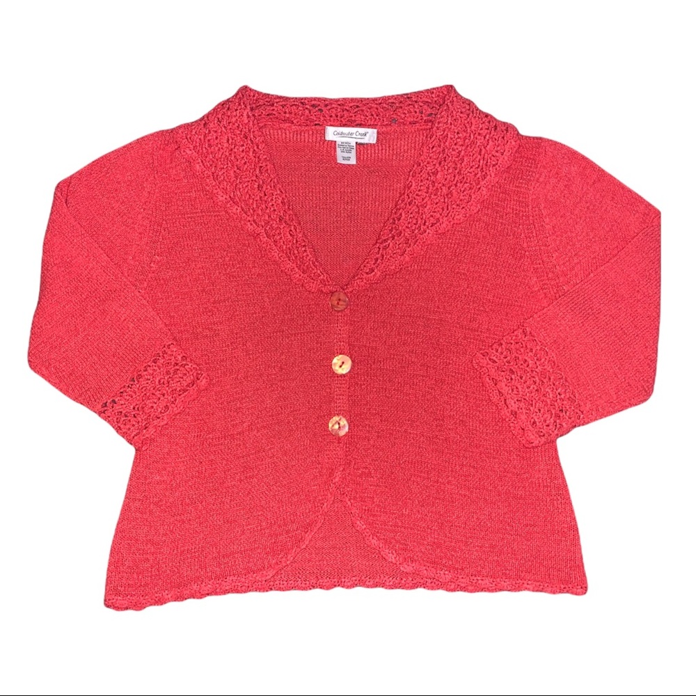Y2K Coldwater Creek Bright Coral Crochet Collar Button Up Cardigan